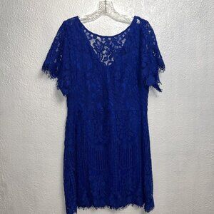 Lulus Women,s Lace Floral Dress Blue embroidery  Short Jewel Sleeve Large A Line